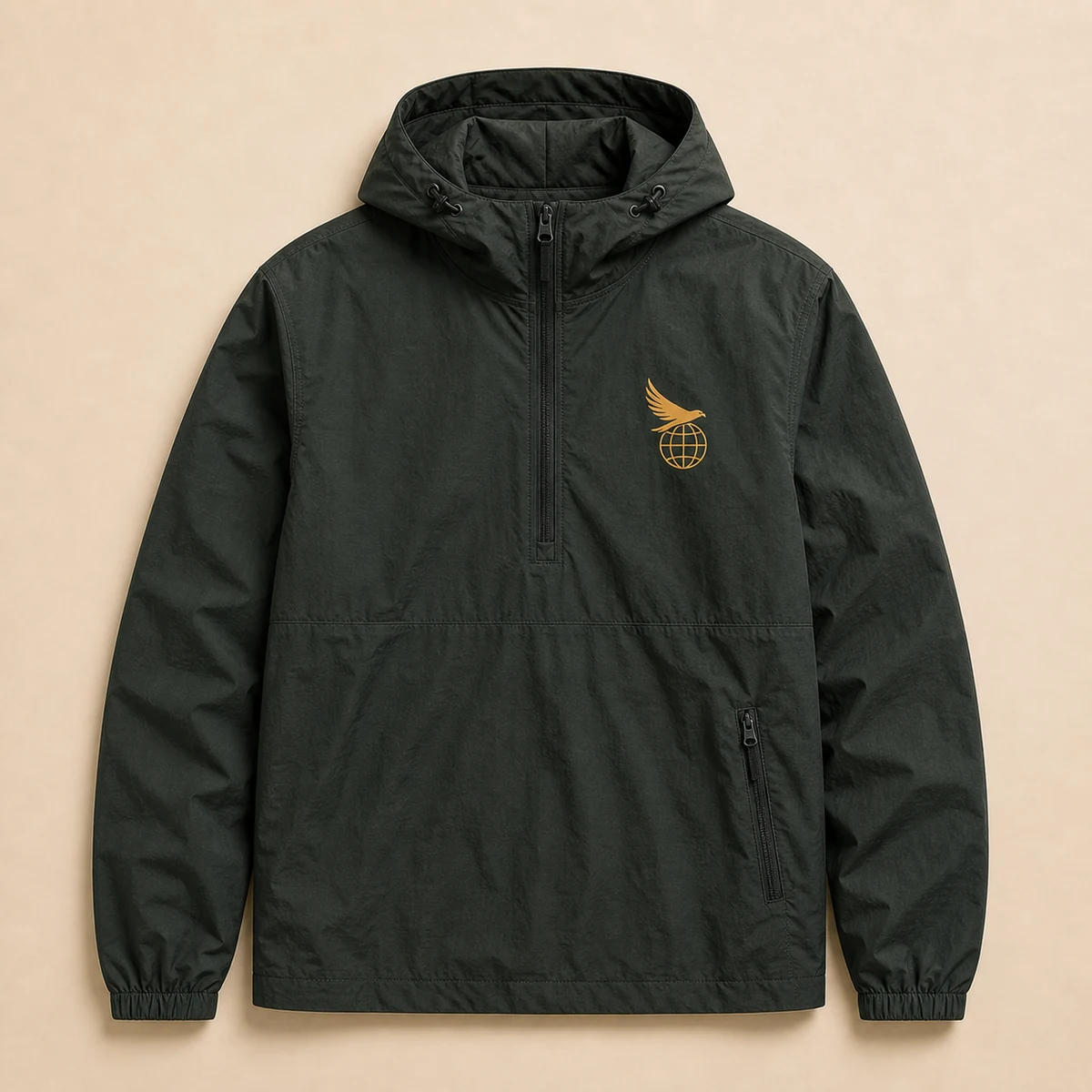 Black packable windbreaker with a small Hawk Nest globe and hawk chest mark