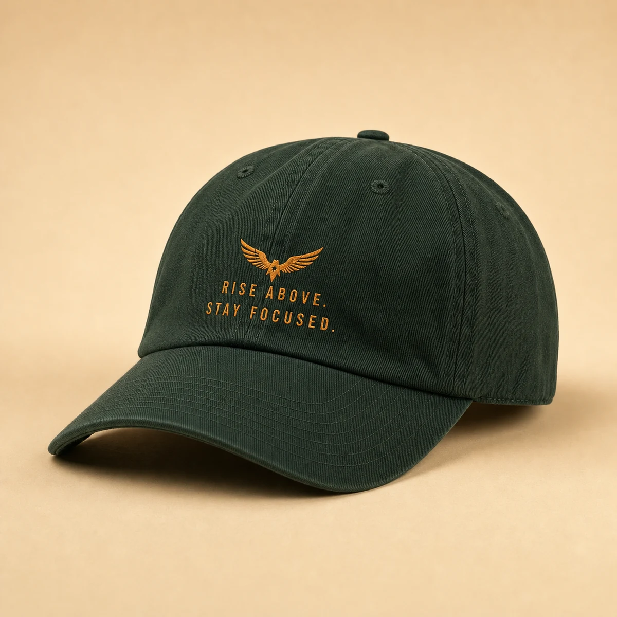 Deep evergreen adjustable cap embroidered with Rise Above Stay Focused